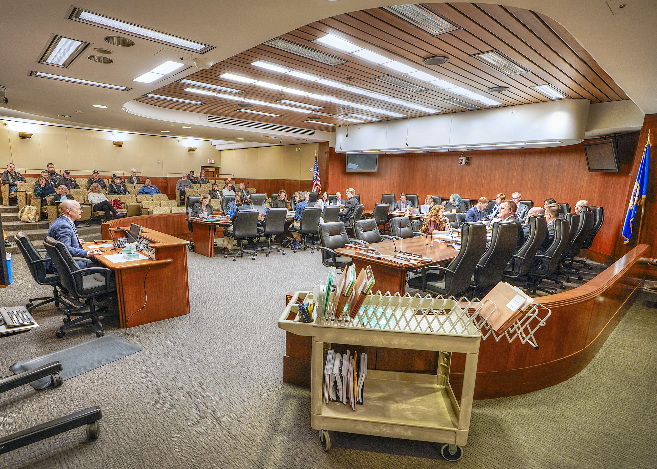 Rep. Dave Lislegard presents HF3769, a bill that would modify corporate franchise tax provisions, to the House Taxes Committee March 7. (Photo by Andrew VonBank)